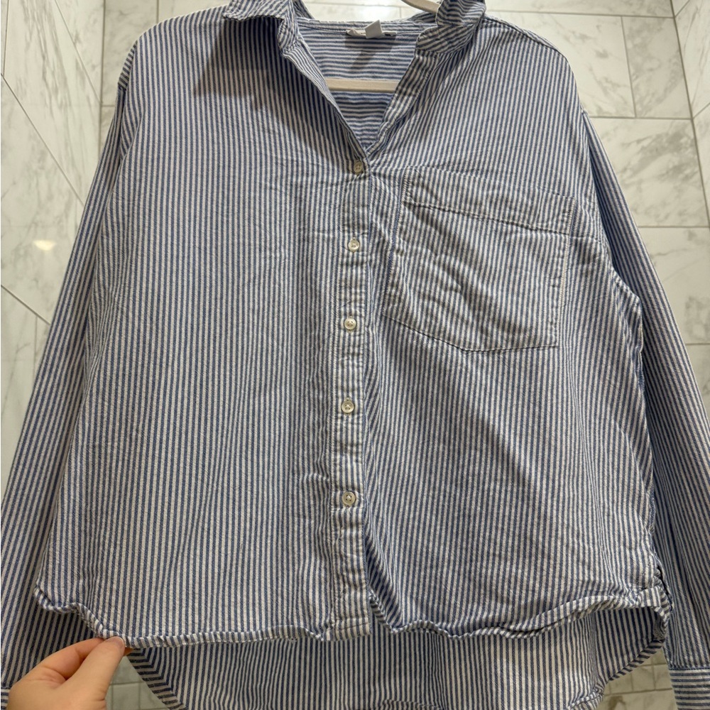 beachlunchlounge Navy and White Striped Men's Shirt